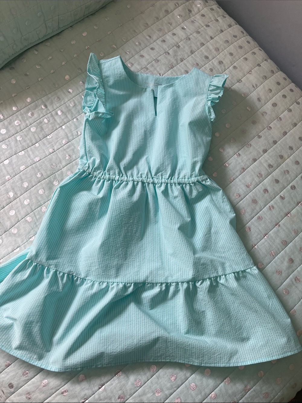 Vineyard Vines Girl's Light Blue Stripe Ruffle Sleeve Dress